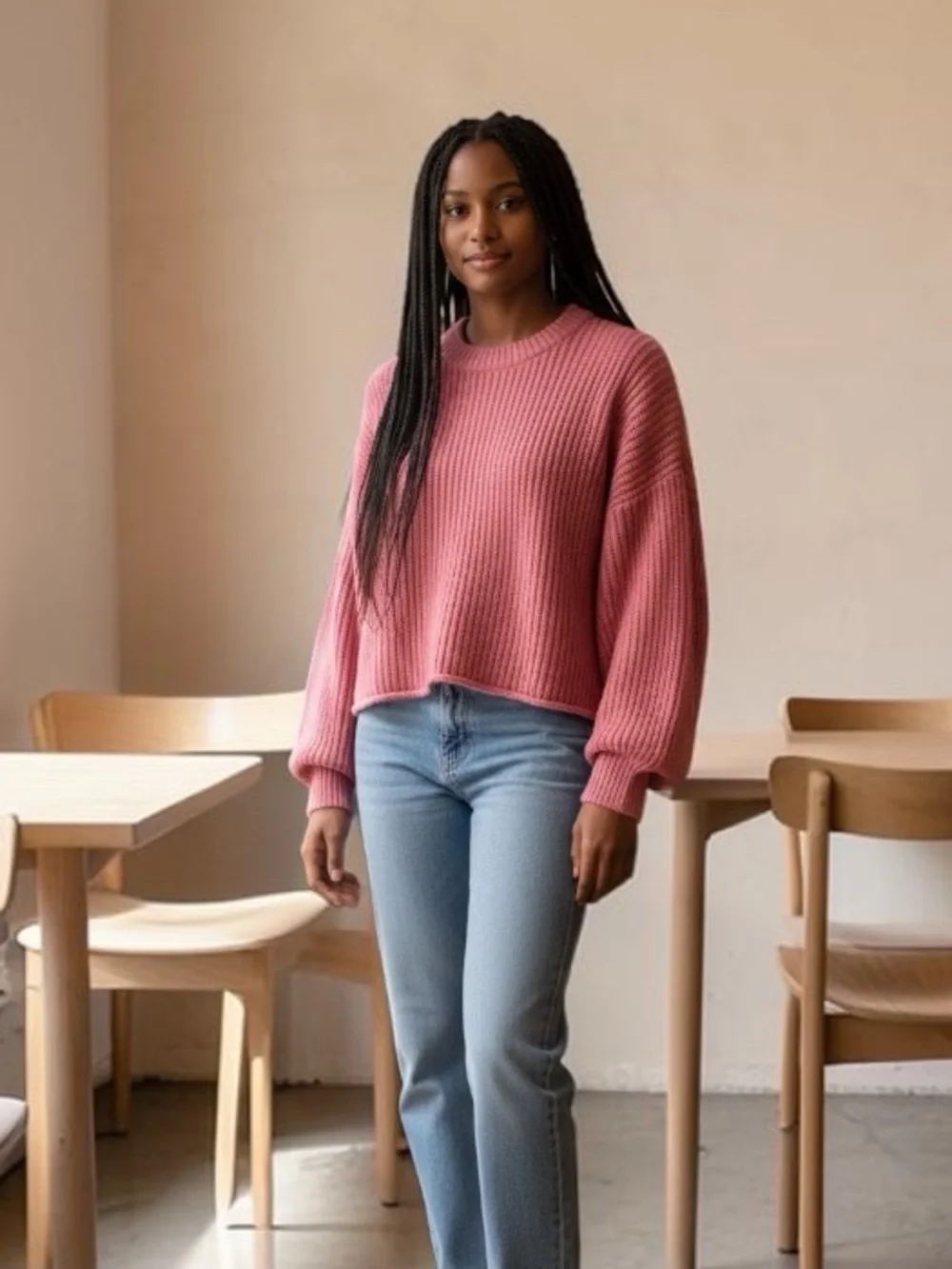 ALC Oversized Ribbed Knit Crewneck Rolled Hem Sweater Pink S EUC Cashmere Blend